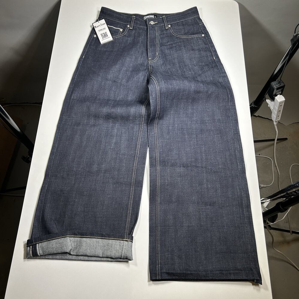 Bareline Jeans Mens 30x28.5 Raw Black Selvedge Denim Wide Leg NWT Defect